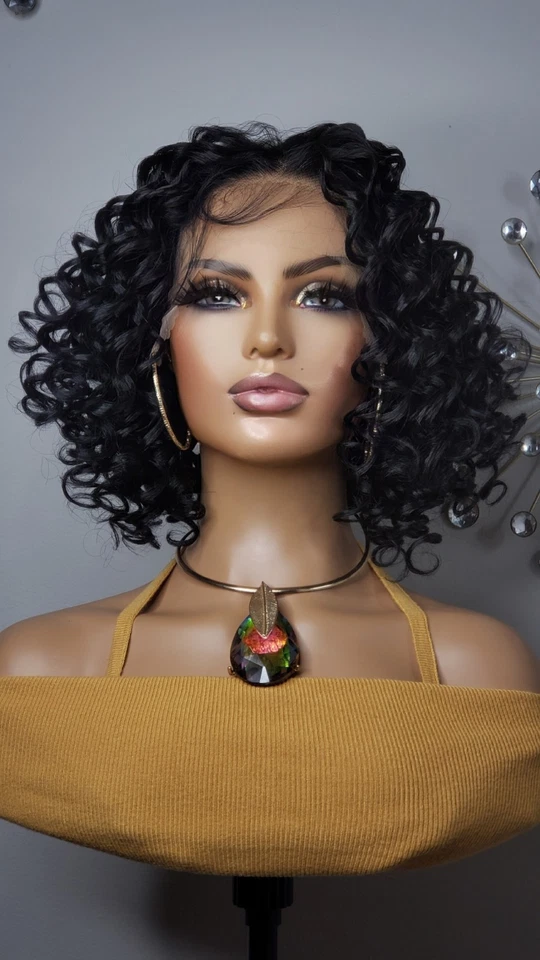 全新 短 13x6 免费零件 卷发 非洲发型 黑色 蕾丝正面 假发 女式  — 第 3/4 张图片