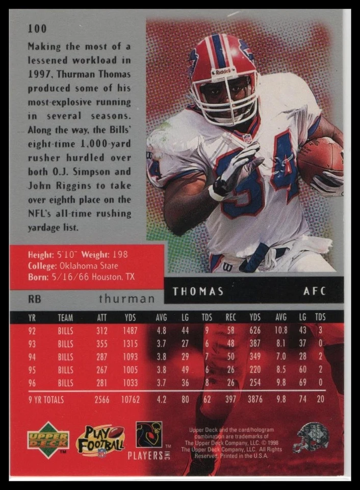 1998 Upper Deck Black Diamond #100 Thurman Thomas - Image 2 of 2