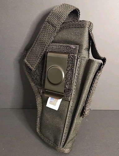 Black nylon IWB holster with textured grip, metal clip, and two front pockets, USA made.