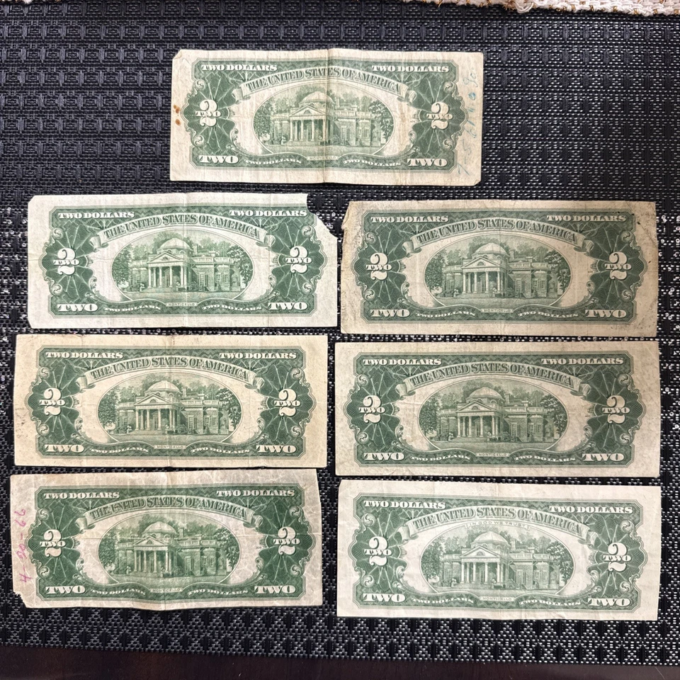 Lot of 7 Red Seal $2 Bills – 1953 & 1963 – Circulated United States Notes - Image 2 of 2