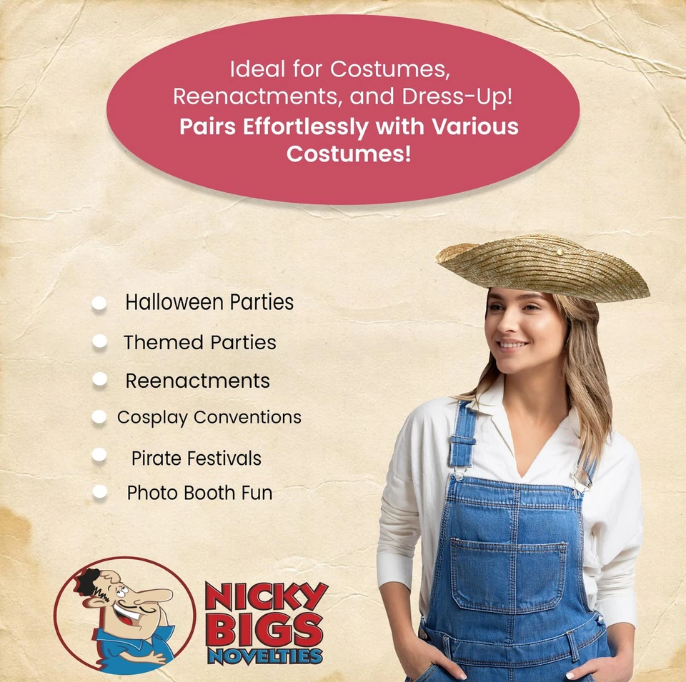 Straw Tricorn Hat Colonial Pirate Southern Belle Wide Brim Sun for Costume Work - Image 4 of 4