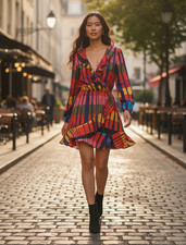 Express Womens M Multicolor Geometric Ruffle Wrap Mini Dress Long Sleeve