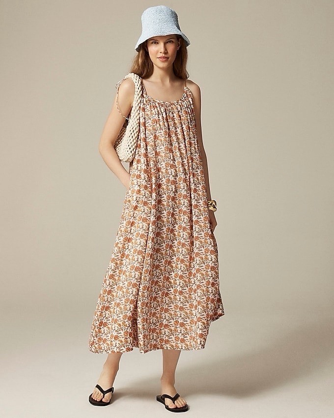 J.Crew XS Floaty Ramie Tie-Shoulder Maxi Dress Lined w Pockets Floral Multi NWT