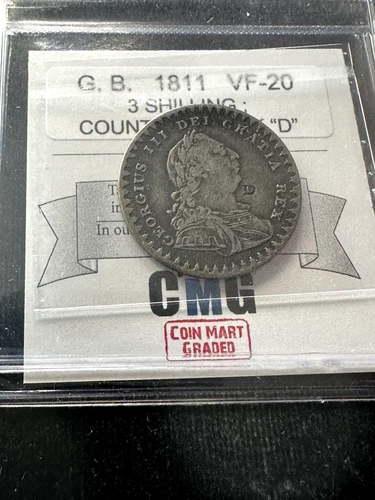 1811  Great Britain, 3 Shilling Bank Token Coin Mart  Graded**VF-20** Counter D