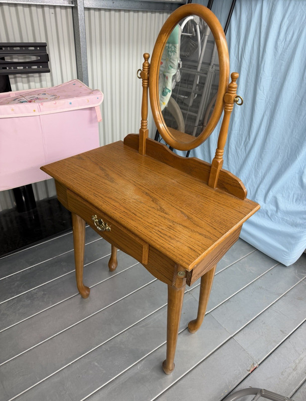 Wood Vanity Table w/ Oval Mirror, 1 Drawer, Freestanding, Brown Medium Tone