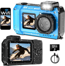 SPUNALP UHD 8K Underwater Dual-Screen Digital Camera 70MP 33FT Wifi w/ 64GB Card