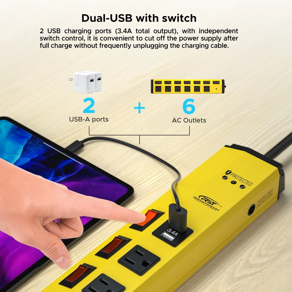 CRST 6 Outlet Power Strip with 2USB and Individual Switches, Metal Power Strip - Image 4 of 4