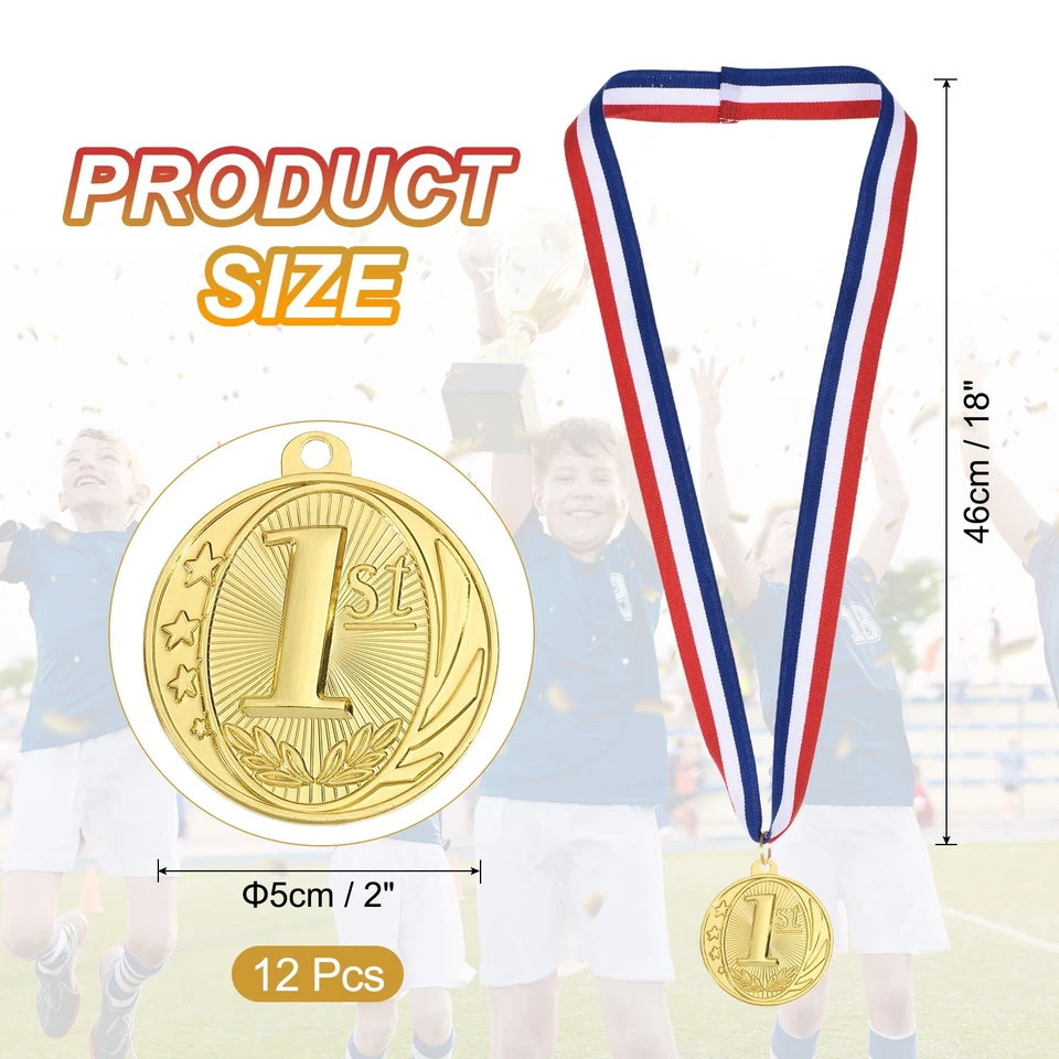 12 Pieces Gold Award Medals Metal 1st Winner Medals with Neck Ribbon Foto 2 de 4