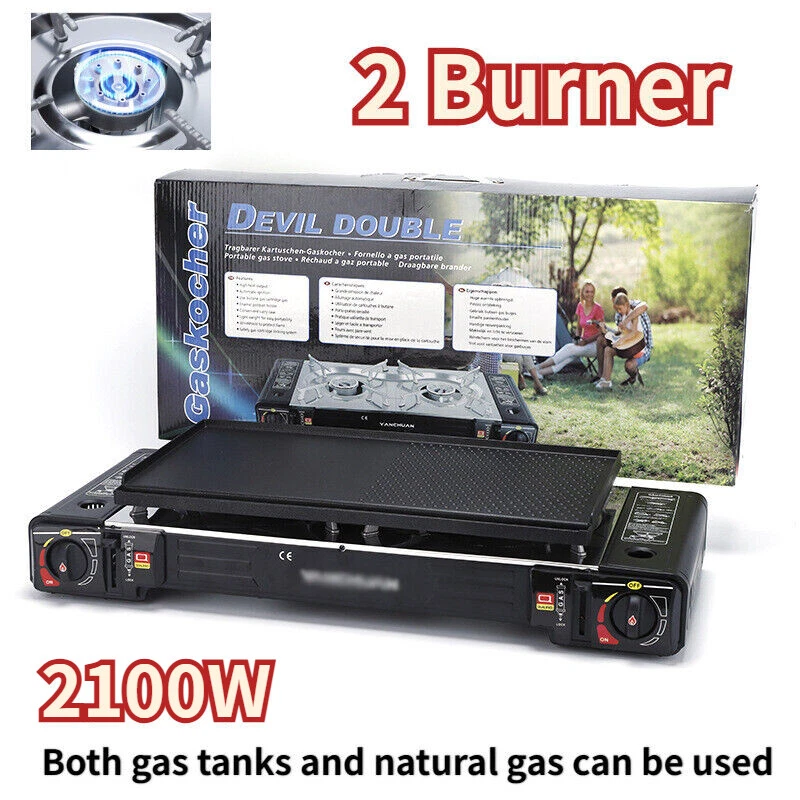 2.1KW Outdoor Twin Stove Portable Camping Gas Grill BBQ 2 Burner Cooker & Plate