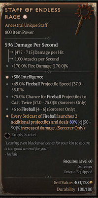 Eternal Diablo 4 Soft Core Unique Staff 800IP   ''Staff of endless Rage''