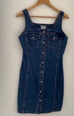 Espirit Denim Jumper Dress Sz 7/8 Vtg 90s Y2K Jean Snap Buttons