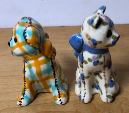 Vintage Brayton Laguna Ceramic Gingham Dog Calico Cat Salt Pepper Shakers - Picture 2 of 6