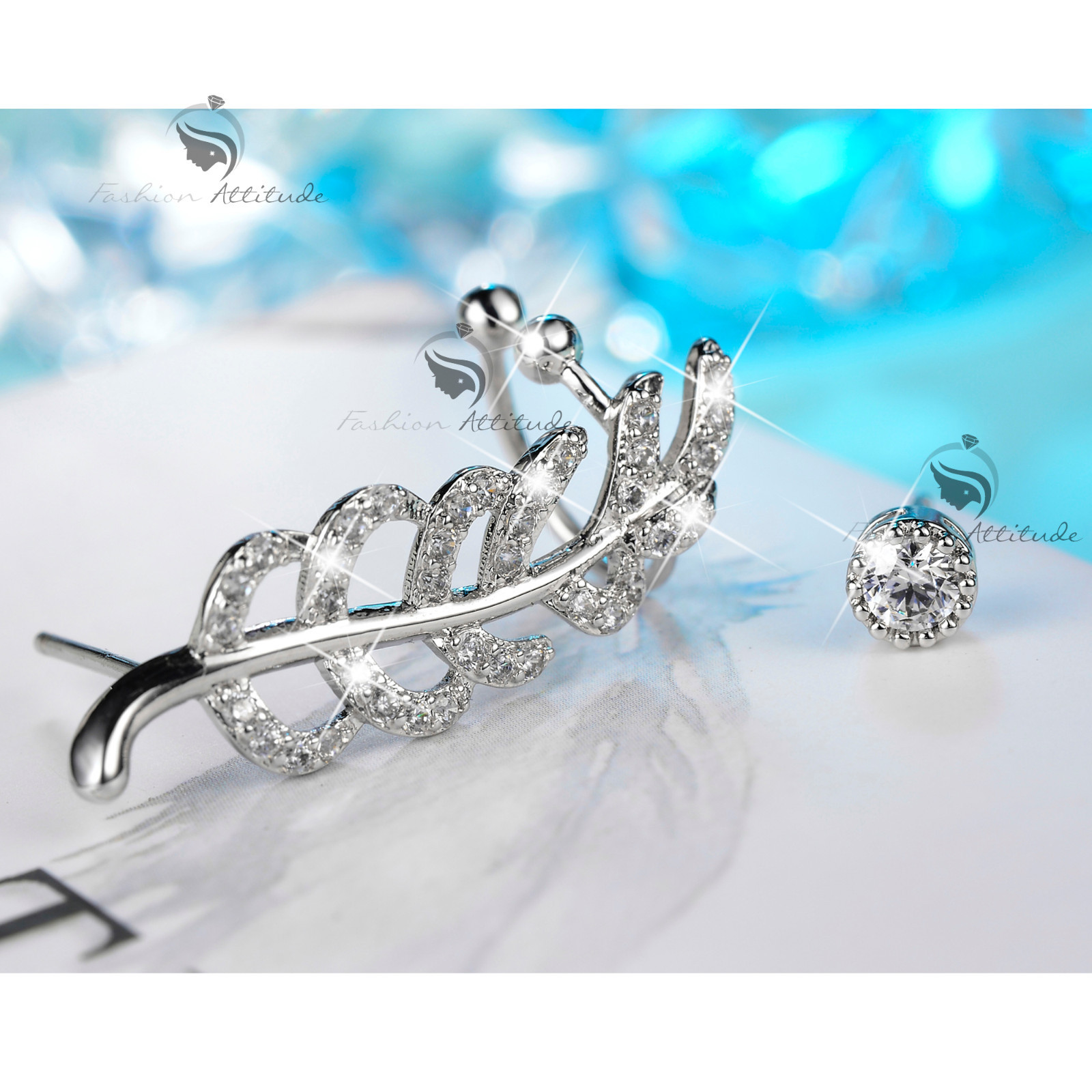18k white gold plated clear crystal stud unbalanced ear climber leaves
