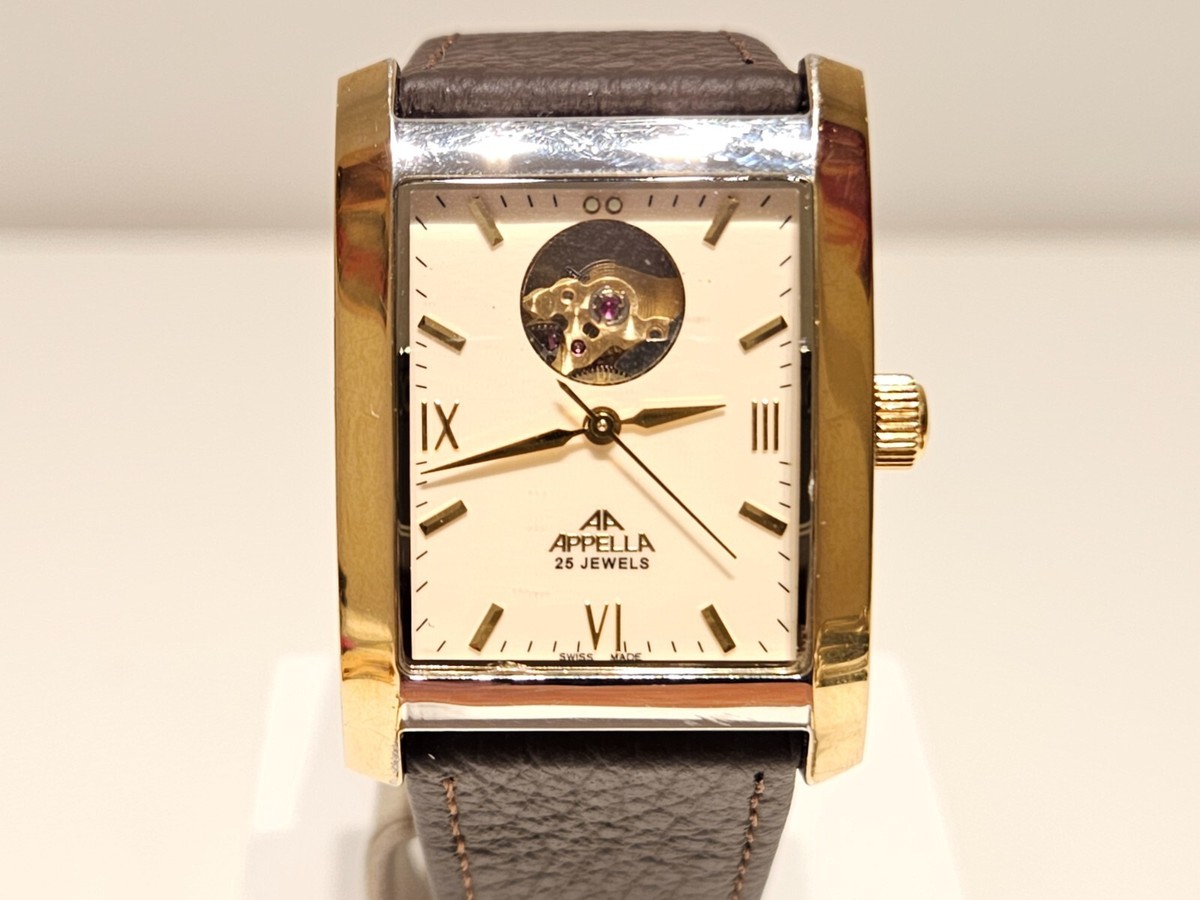VINTAGE SWISS TWO TONE STEEL OPEN BALANCE RECTANGLE MEN AUTOMATIC