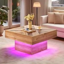 Modern Square Wood LED Coffee Table with Storage & 2 Sliding Drawers Living Room