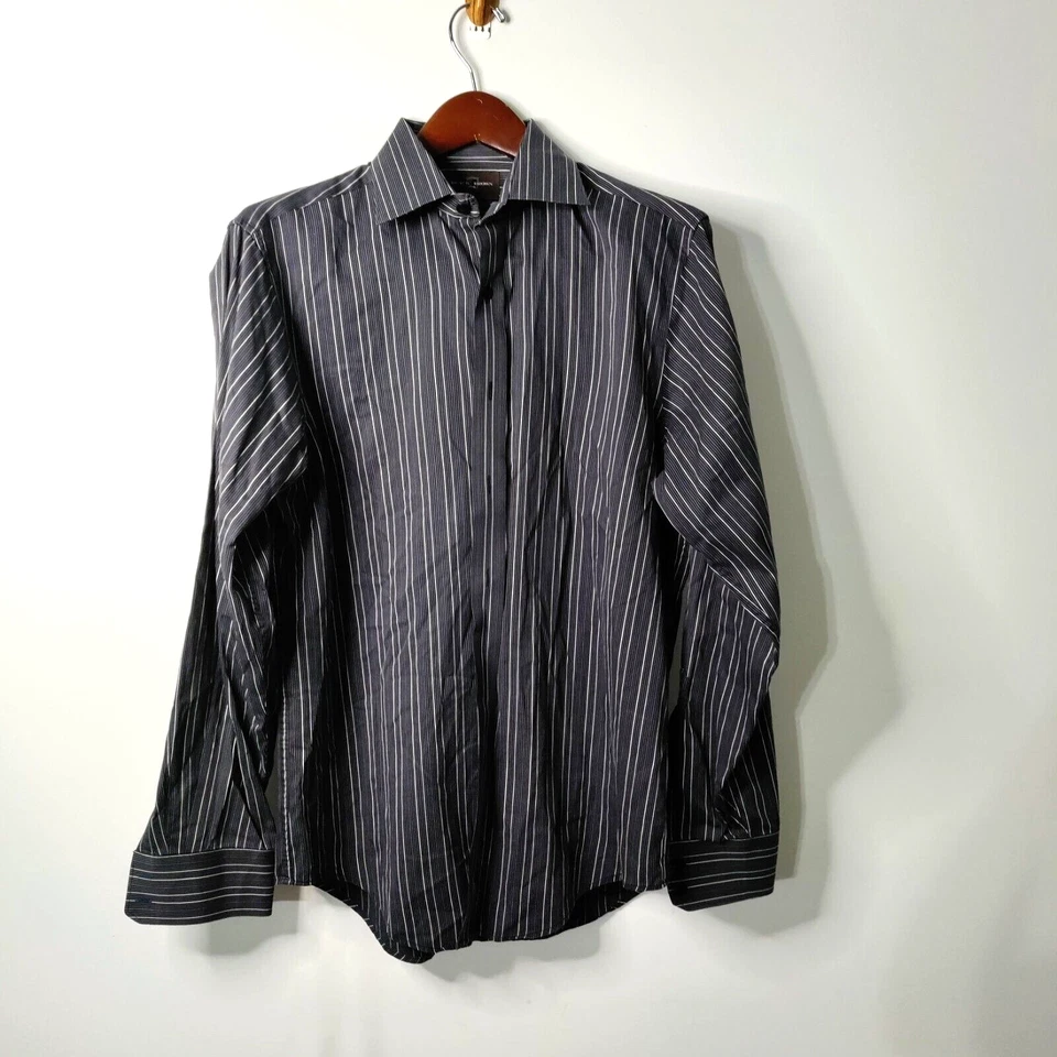 Black Brown 1826 Men M Black/Blue/White Stripe Long Sleeve Button Up Dress Shirt - Image 3 of 4