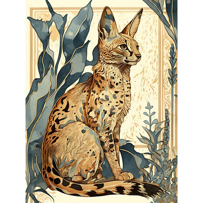 Serval Katze mit Pflanzen Modern Aquarell Leinwand Poster Druck Bild Wandbild