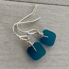 Min Favorit Teal Blue Green Sea Glass Square Silver Pl Artisan Earrings Petite