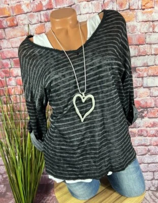 2Tlg  SET Shirt + Top Italy gestreift Vintage Look SCHWARZ 36 38 - Bild 1 von 4