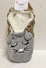 CAPELLI New York ~CAT  Slippers Sock with Faux Fur & Grippers Size M/L  NWT