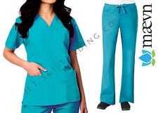 Maevn Women's Teal Scrub Set 2 Pocket Top Flare Leg Pants Sizes 2XS to 2XL
