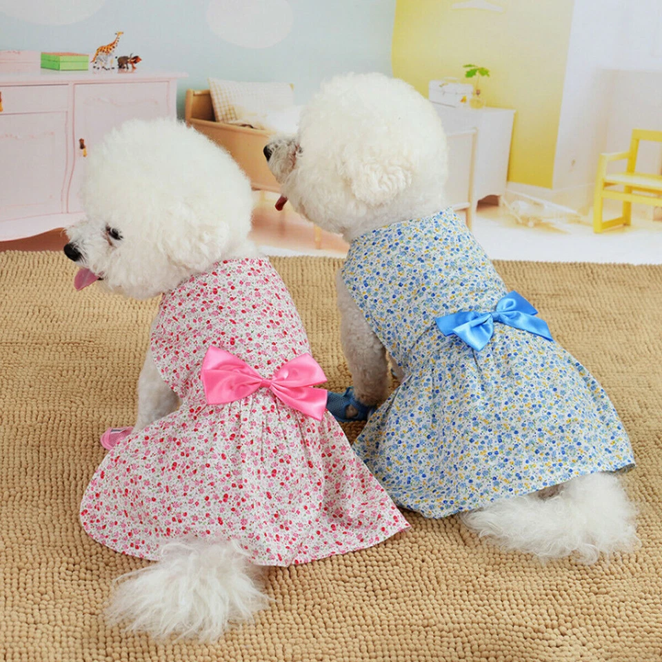 Lovely Floral Print Dog Dress Puppy Cat Summer Cotton Bow Skirt Clothes XS-L - Image 2 of 4