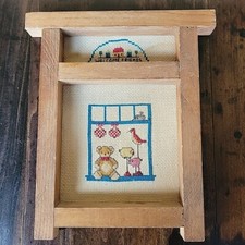 Vtg Needle work Welcome friends teddy bear wood handmade frame Cottage Kitsch