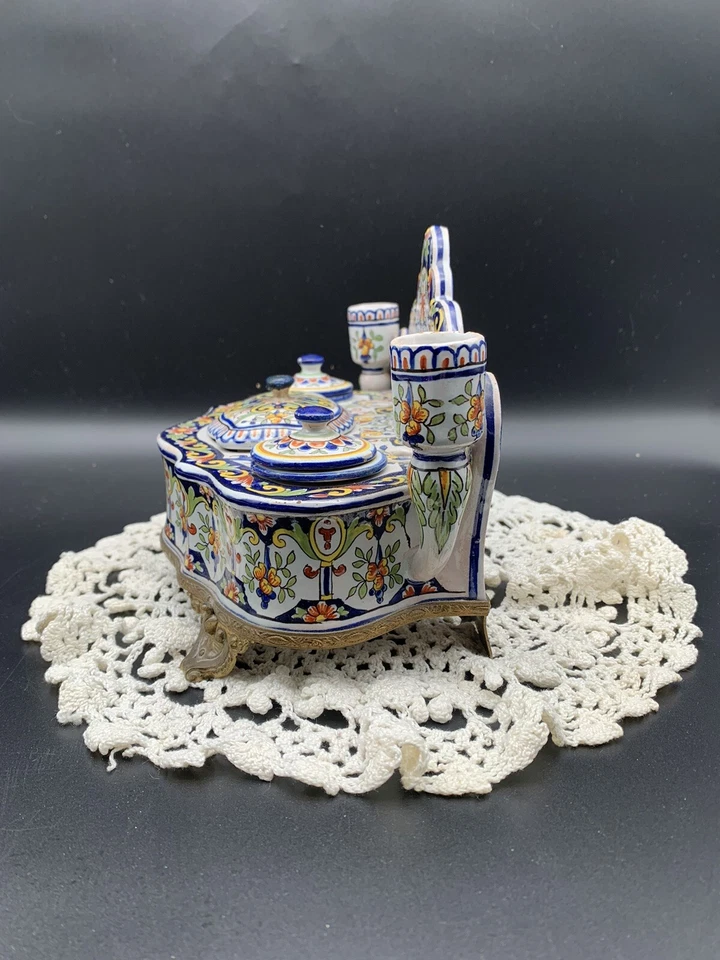 Écritoire Ancien 2 Lumières En Faïence Polychrome Manufacture Fourmaintraux 1800 - Photo 2/4