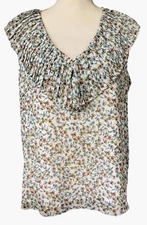 Max Studio Top Sz L V-Neck Pleated Ruffle Collar Ditsy Floral Print Sheer