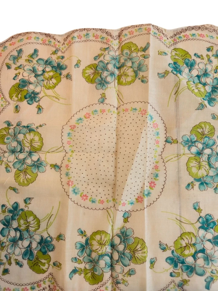 Pañuelo vintage para damas azul aguamarina floral lunares bordes festoneados coleccionista Foto 4 de 4