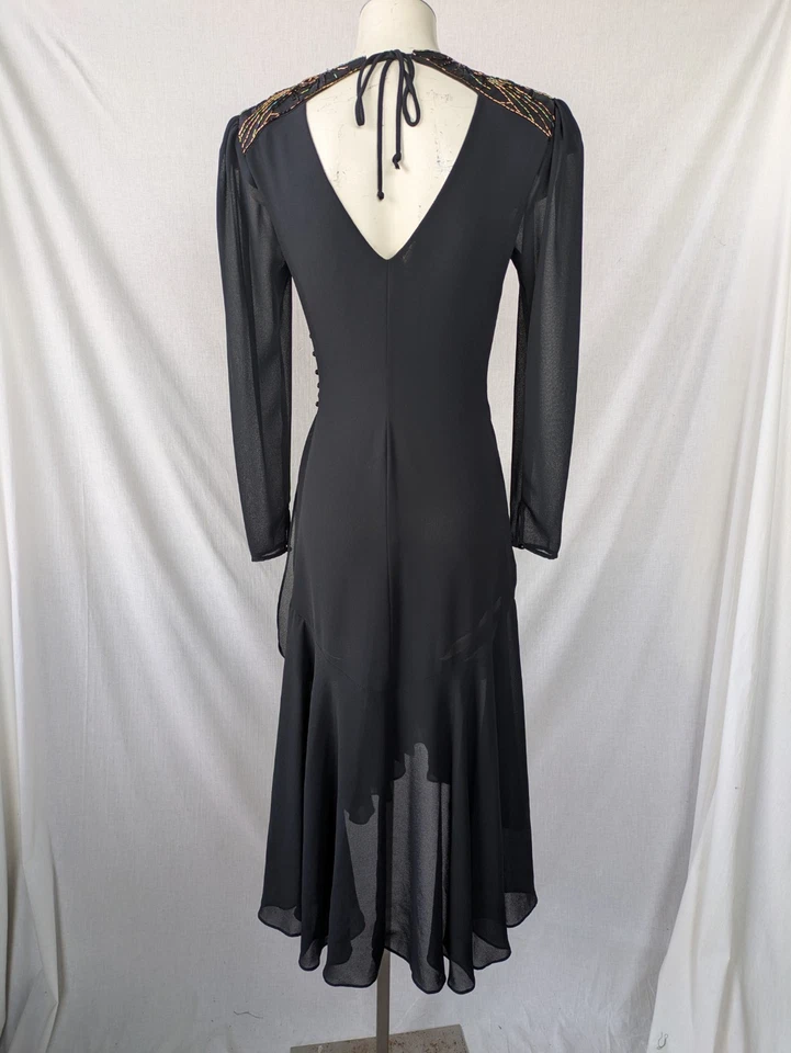 Vestido Casadei Vintage Años 80 Negro Dobladillo Alto Acanalado Cuentas Hombros Talla 6 Foto 2 de 4