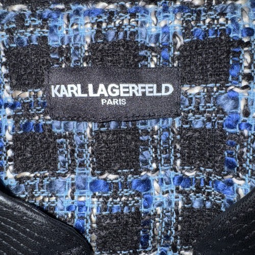 Karl Lagerfeld Womens Blue Black Plaid Tweed Zip Up Jacket with Leather Trim 4 - Picture 8 of 15