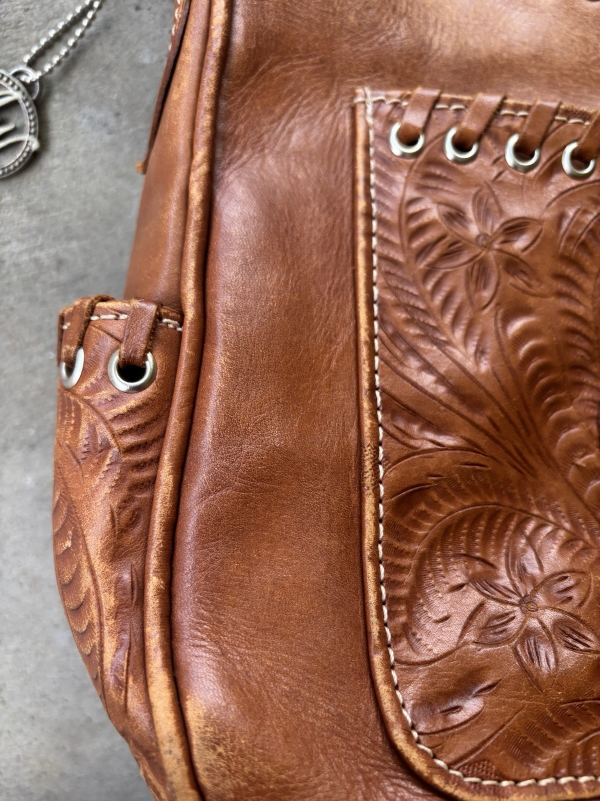 VTG American West Hand-Tooled Brown Leather Zip-Top Hand Shoulder Bag Purse image 8