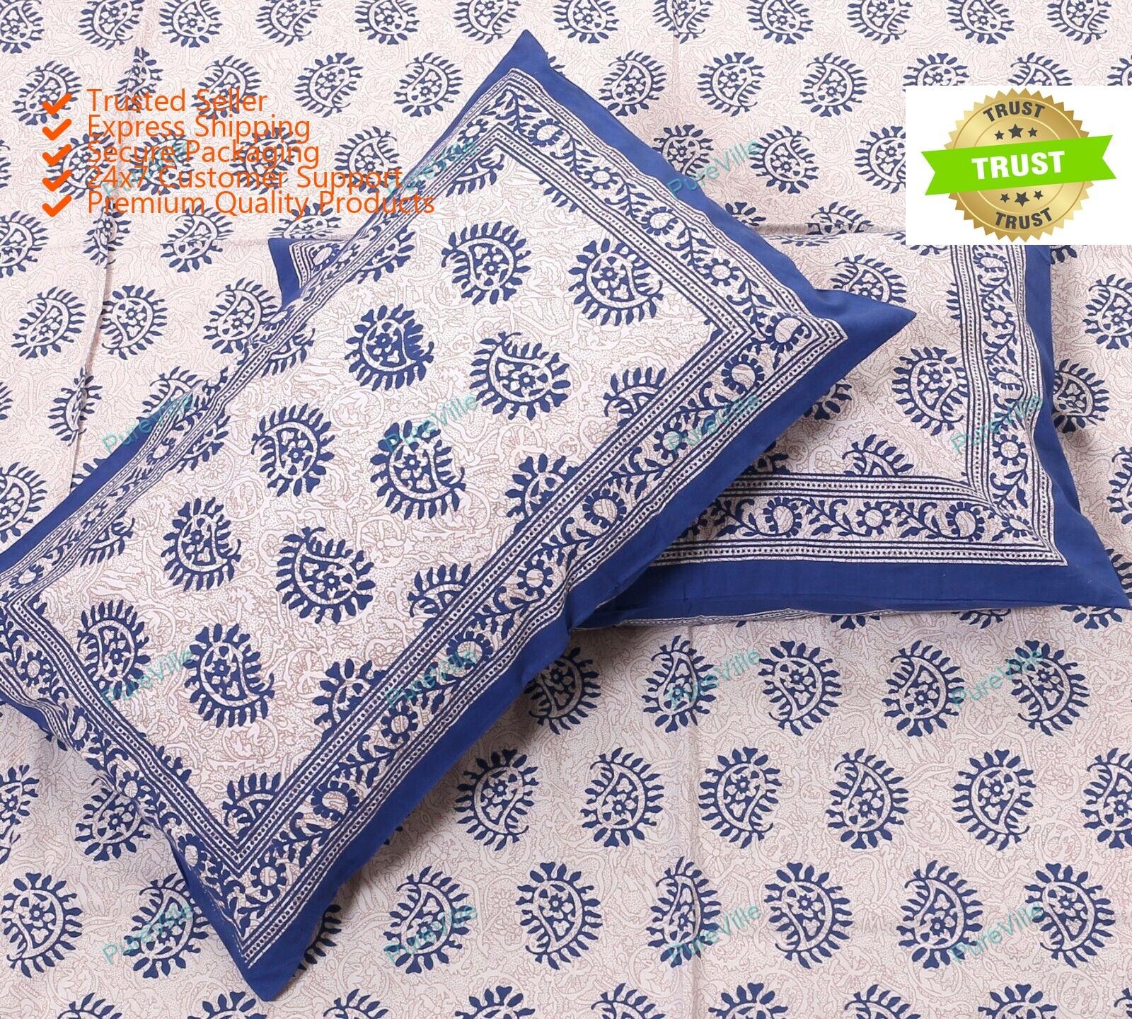 Indio Estampado Súper Mano Bloque Algodón Cobertor Cama Con 2 Fundas de Almohada