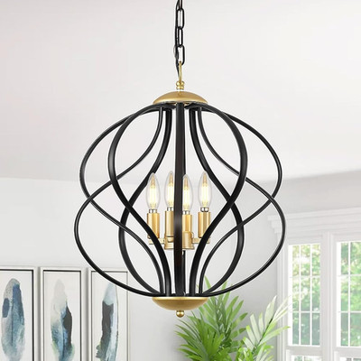 Stylish Black and Gold 4-Light Sphere Chandelier for Dining Room and Entryway