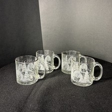 Set Of 4 Clear Glass Mugs Made in USA, Winter Scene w/ Trees and Snowflakes