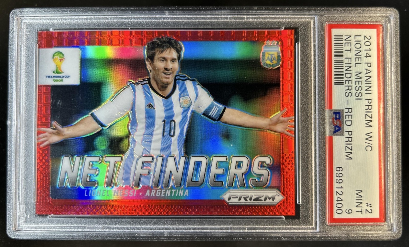 2014 Prizm FIFA World Cup Brazil Lionel Messi Net Finders Prizm Red #/149 PSA 9 view 1