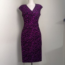 CHAPS Faux Wrap Dress Purple Black Floral Fitted Size Small EUC