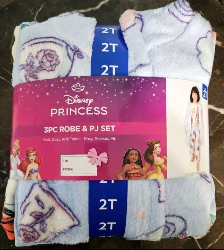 New! Disney Princess Girls 3 Piece Robe & Pajama Set Size 2T