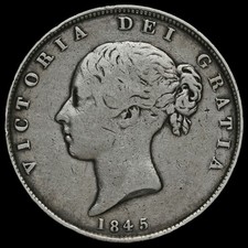 1845 Queen Victoria Young Head Silver Half Crown, GF