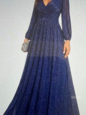 EverPretty V Neck Ruched High Waist Lg Sleeve Glitter Navy Blue LongDress SZ 12