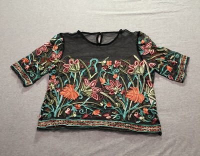 Women's L Cropped Blouse Wacky Abstract Flower Power Hippie Trippy 3D Knit Retro