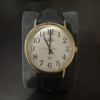 Timex Indiglo Quartz Analog White Dial Black Leather Strap Gold Tone Water-Res