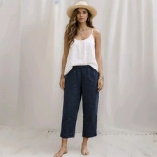 J.Jill Love Linen Cropped Pants Wide Leg Pull On Navy Blue Pockets Women's Sz M