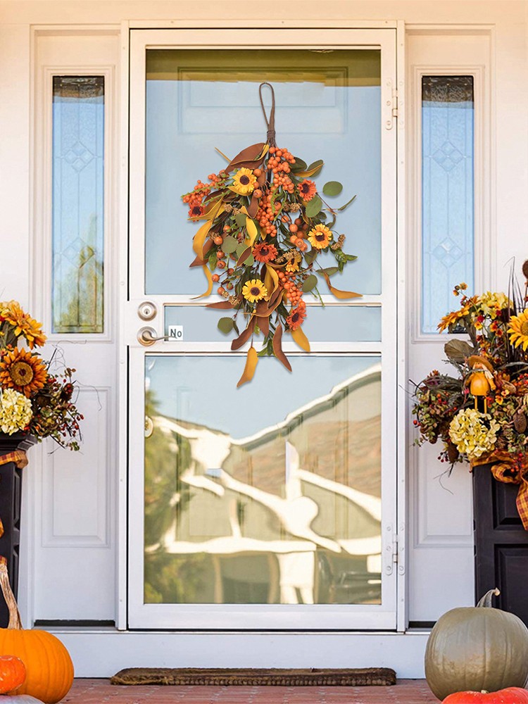 Fall Teardrop Swag Hanging Artificial Fall Harvest Swag Autumn Wreath For Home D