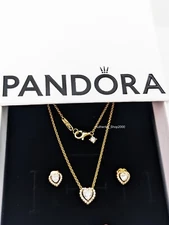 New 100% PANDORA 14K Gold Sparkling Heart Jewelry Gift Set necklace + Earrings