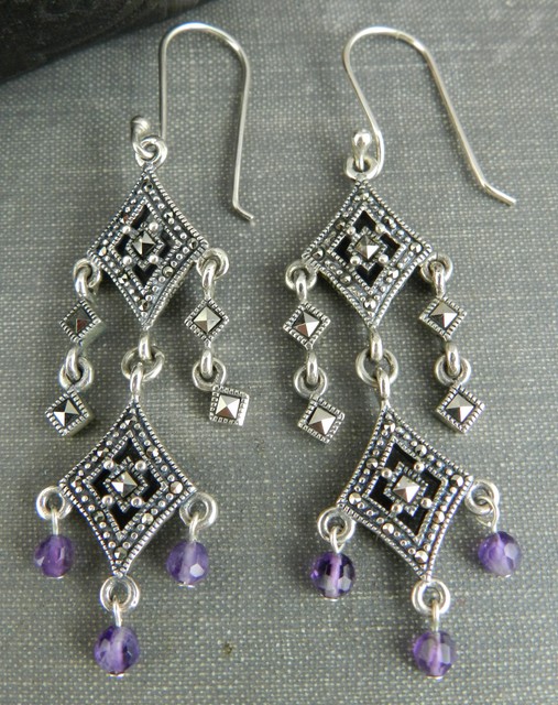 925A Sterling Silver & Marcasite Dangle Earrings w Purple Faceted Beads