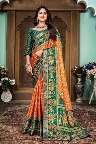Women Saree  Patola Print Zari  Work Traditional Indain wear With Blouse - Picture 1 of 30