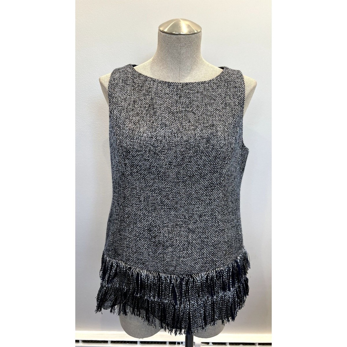 Sail to Sable NEW Tweed Fringe Sleeveless Top in Navy/Silver