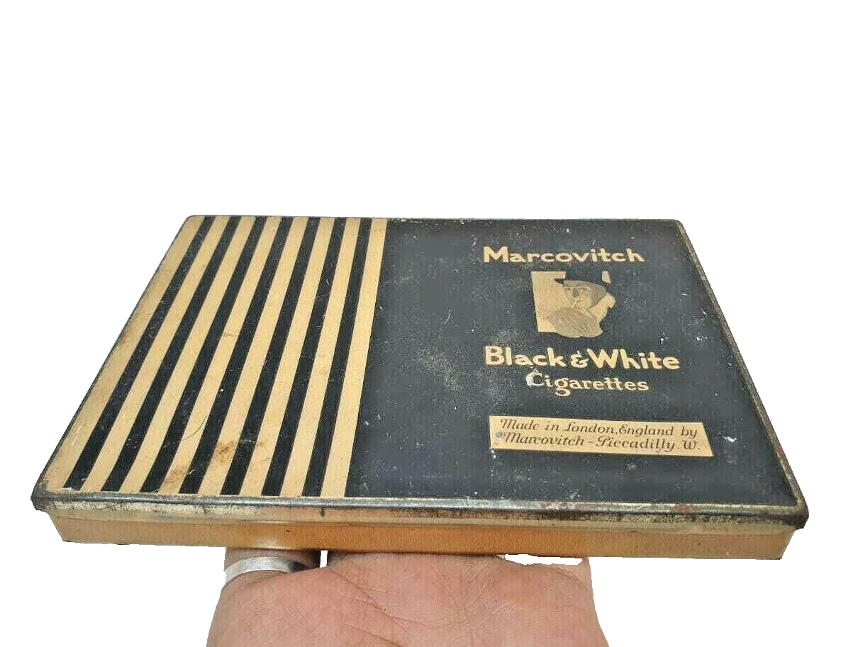 Vintage Old Antique Marcovitch Black & White Cigarettes Litho. Tin Box  London